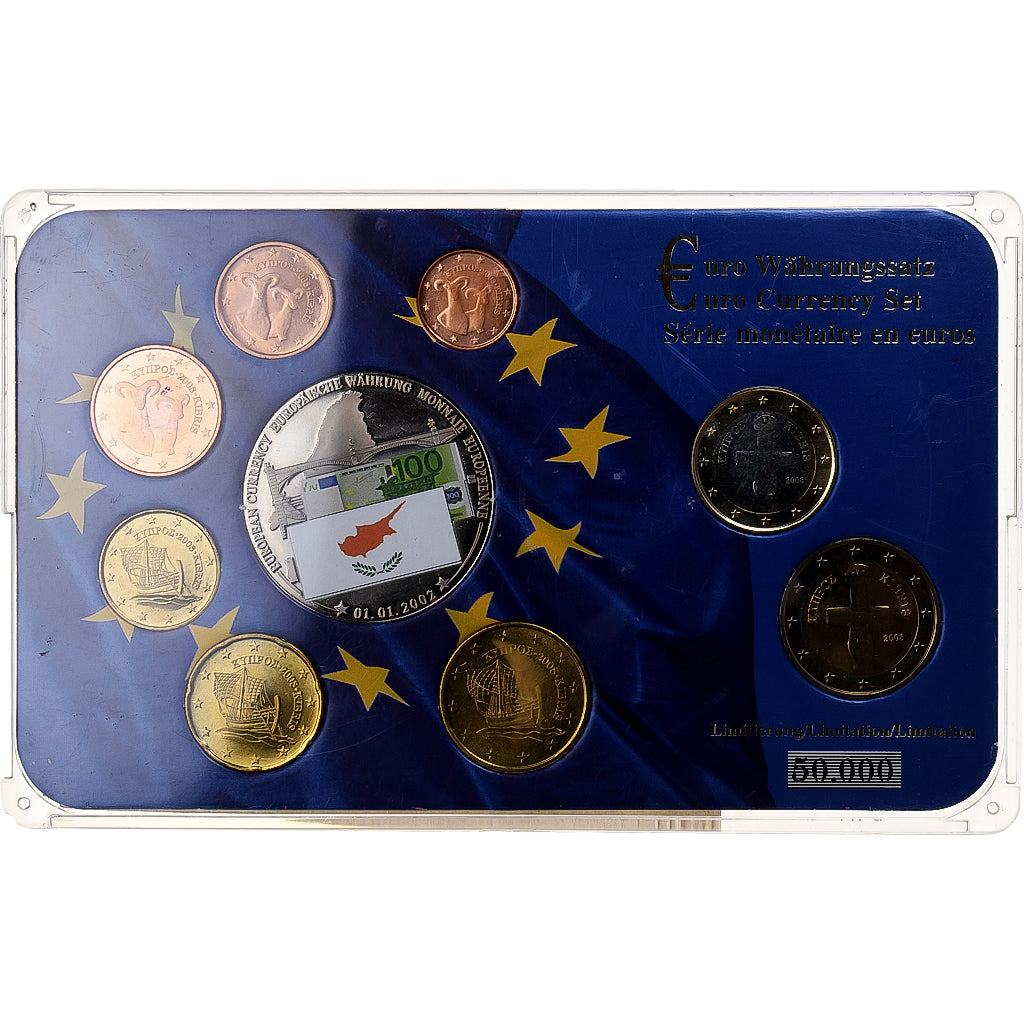 Zypern,
Setze 1 ct. - 2 Euro + europäische Münze,
2008
