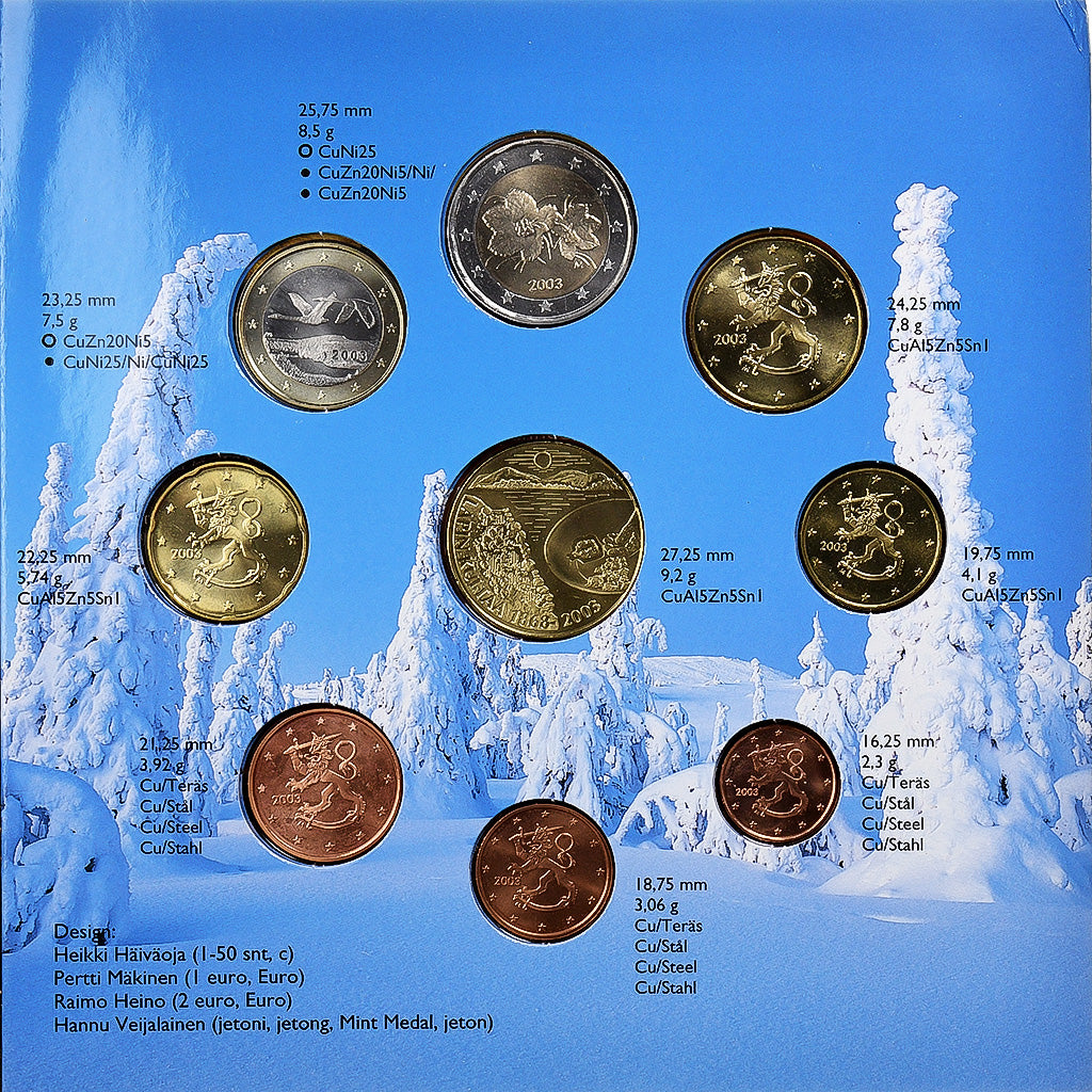 Finnland,
Setze 1 ct. - 2 Euro + Medaille,
Goldwaschen